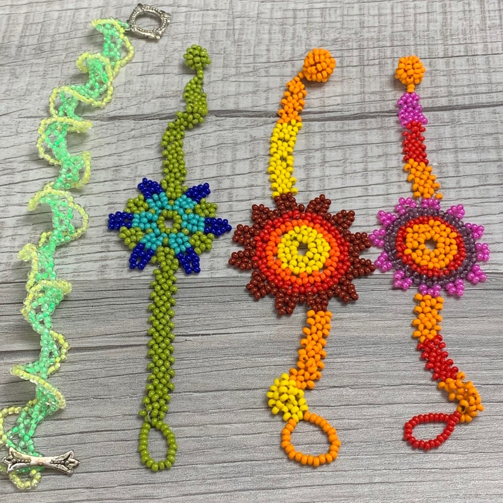 Set of 4 Handcrafted Seed Bead Bracelets Floral Sunburst Spiral Boho Multicolor